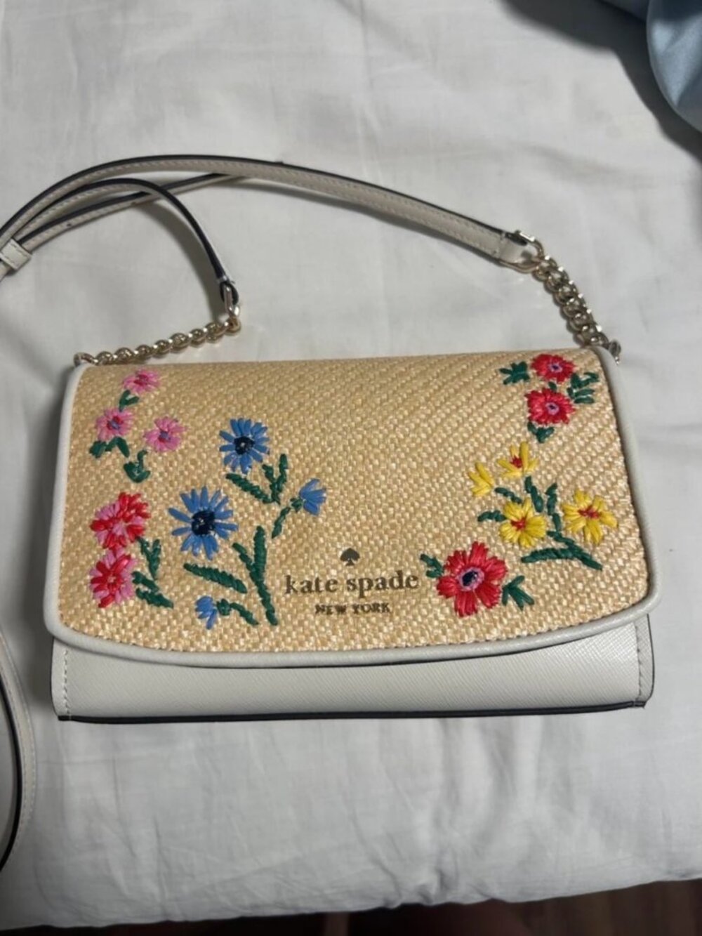 Kate Spade New York Floral Embroidered Straw Crossbody Wallet Bag Cream Multi